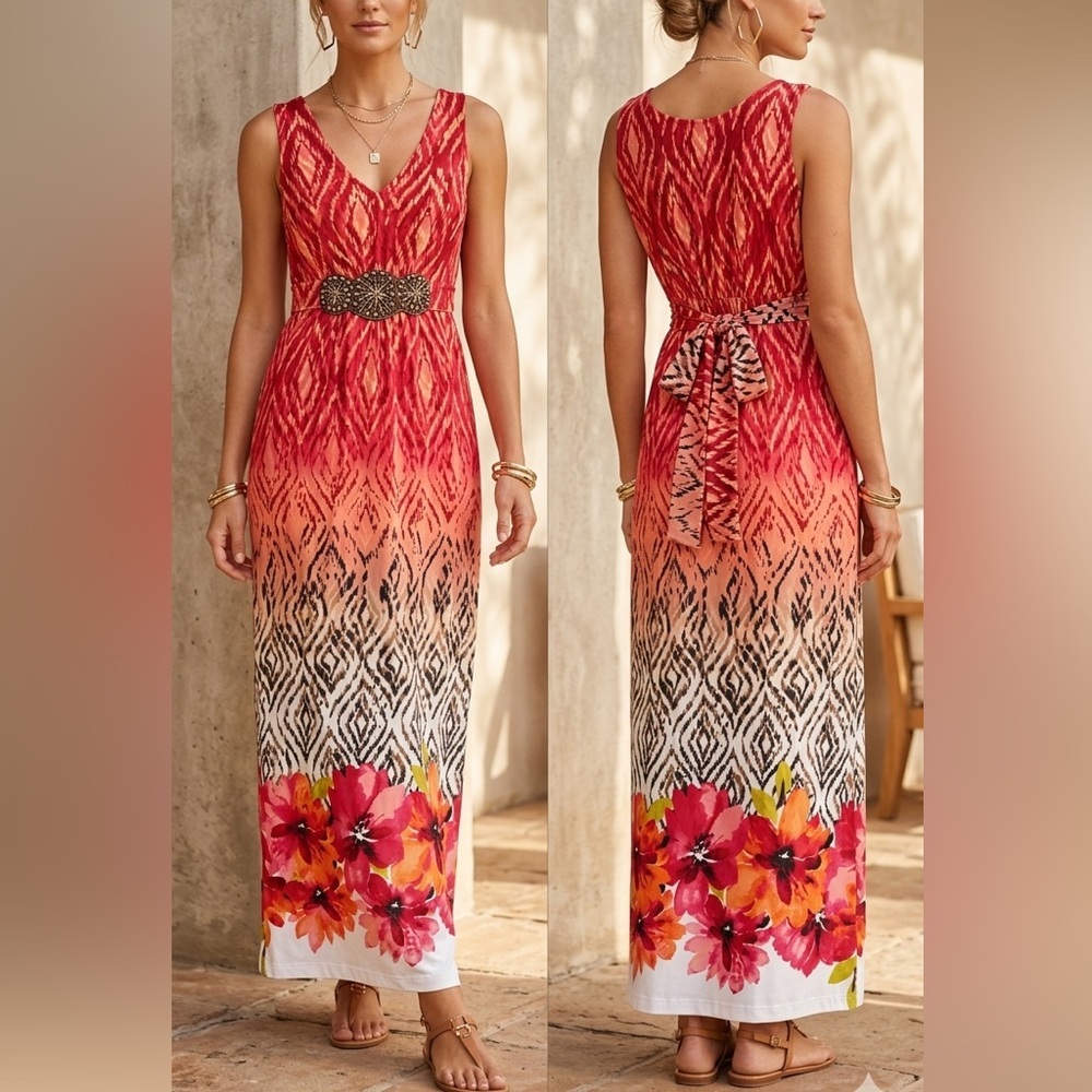 Vintage Robbie Bee Maxi Sundress Size M Red Multi Embellished Sleeveless V-Neck
